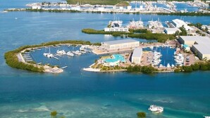 Vue aérienne d’une marina avec de nombreux quais, un bâtiment central doté d’une piscine et une végétation luxuriante tout autour.