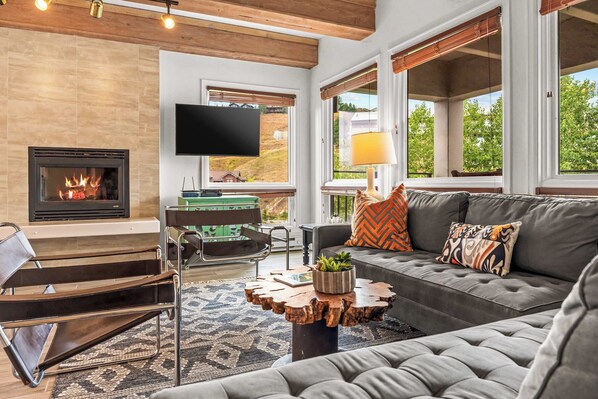 Televisio, takka, DVD-soitin, työhuone