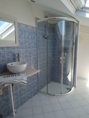 Shower, hair dryer, towels