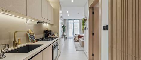 ثلاجة/مجمد بحجم كبير، ميكروويف، فرن، موقد طهي مسطح