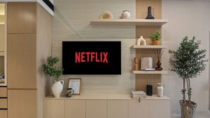 A modern living room with a mounted TV displaying "NETFLIX" in red letters, wooden cabinets, a potted plant, and decorative items on shelves.