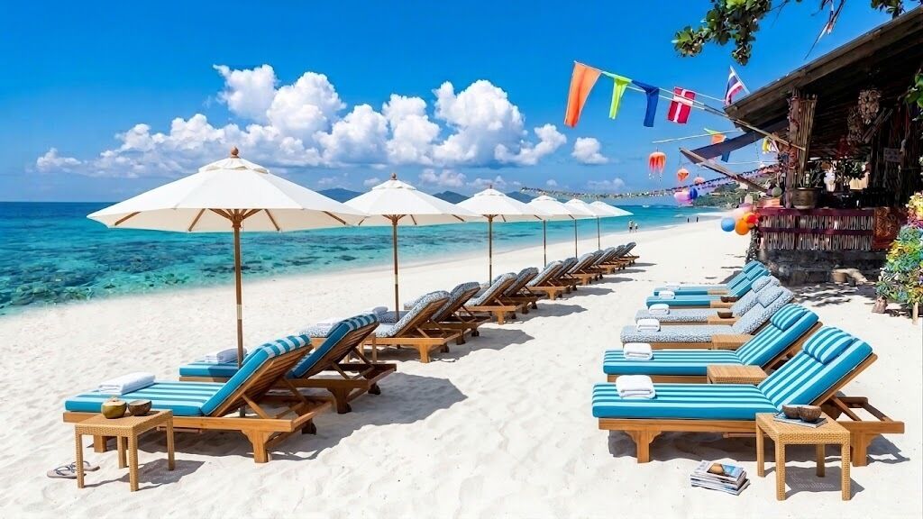 A beachside hotel with rows of sun loungers and umbrellas, a clear view of the ocean, and a small building with flags.