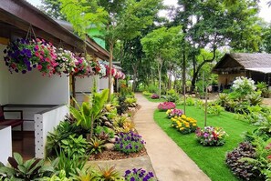 Un sendero serpentea por un exuberante jardín lleno de plantas y flores.