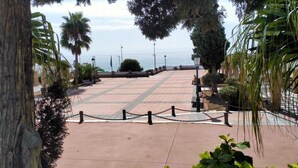A paved pathway leading to a body of water, lined with trees and benches.