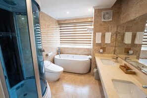 Secador de cabelo, toalhas de banho, sabonete, shampoo