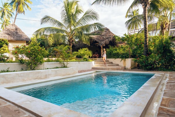 A swimming pool with a thatched-roof structure, palm trees, and a person walking towards the pool. - Hekaya Zanzibar (Michamvi)