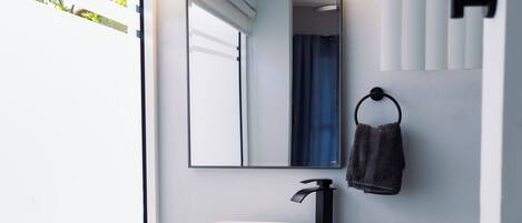 Hair dryer, towels, soap, toilet paper