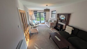 Smart TV, fireplace, foosball