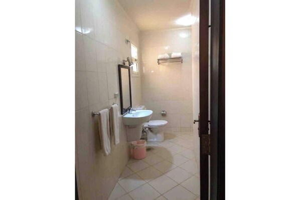 Een badkamer met een wastafel, toilet en spiegel.