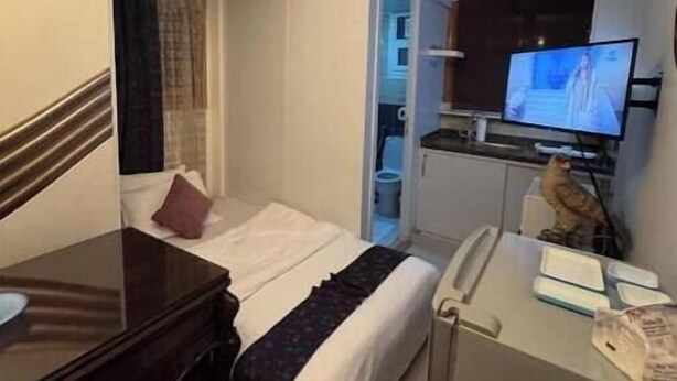 A compact hotel room with a bed, a desk, a television, and a small kitchenette. - Amazing studio apartment gleem (Alexandria)