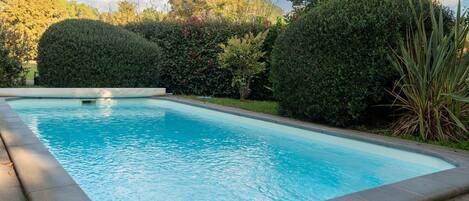 A rectangular swimming pool with a clear blue water surface, surrounded by neatly trimmed hedges and trees.