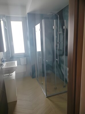Shower, hair dryer, towels