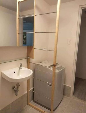 Shower, hair dryer, bidet, towels