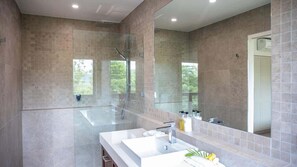 Shower, hair dryer, towels