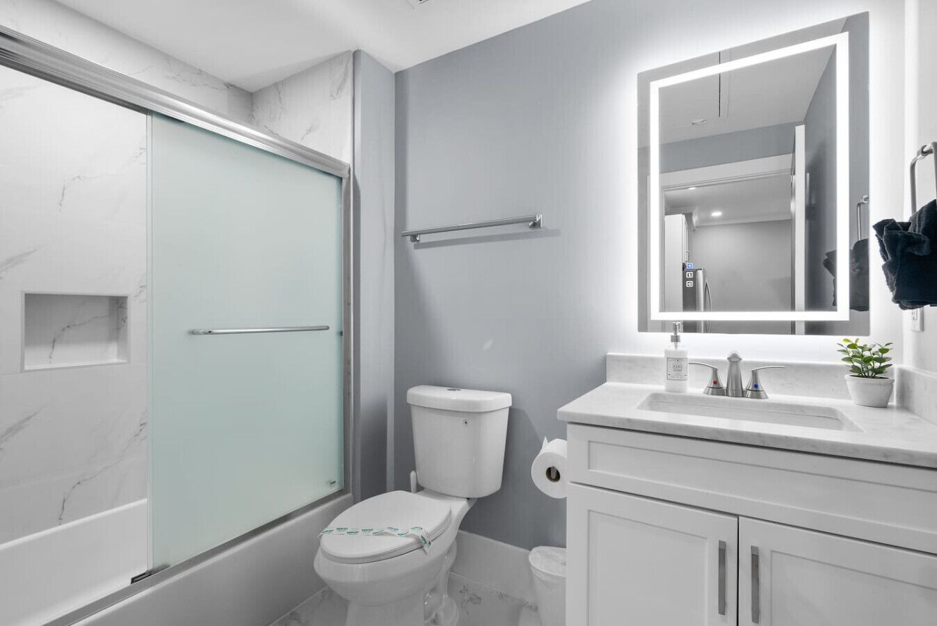 A modern bathroom with a glass-enclosed shower, a toilet, a sink with a mirror, and a small plant on the counter.