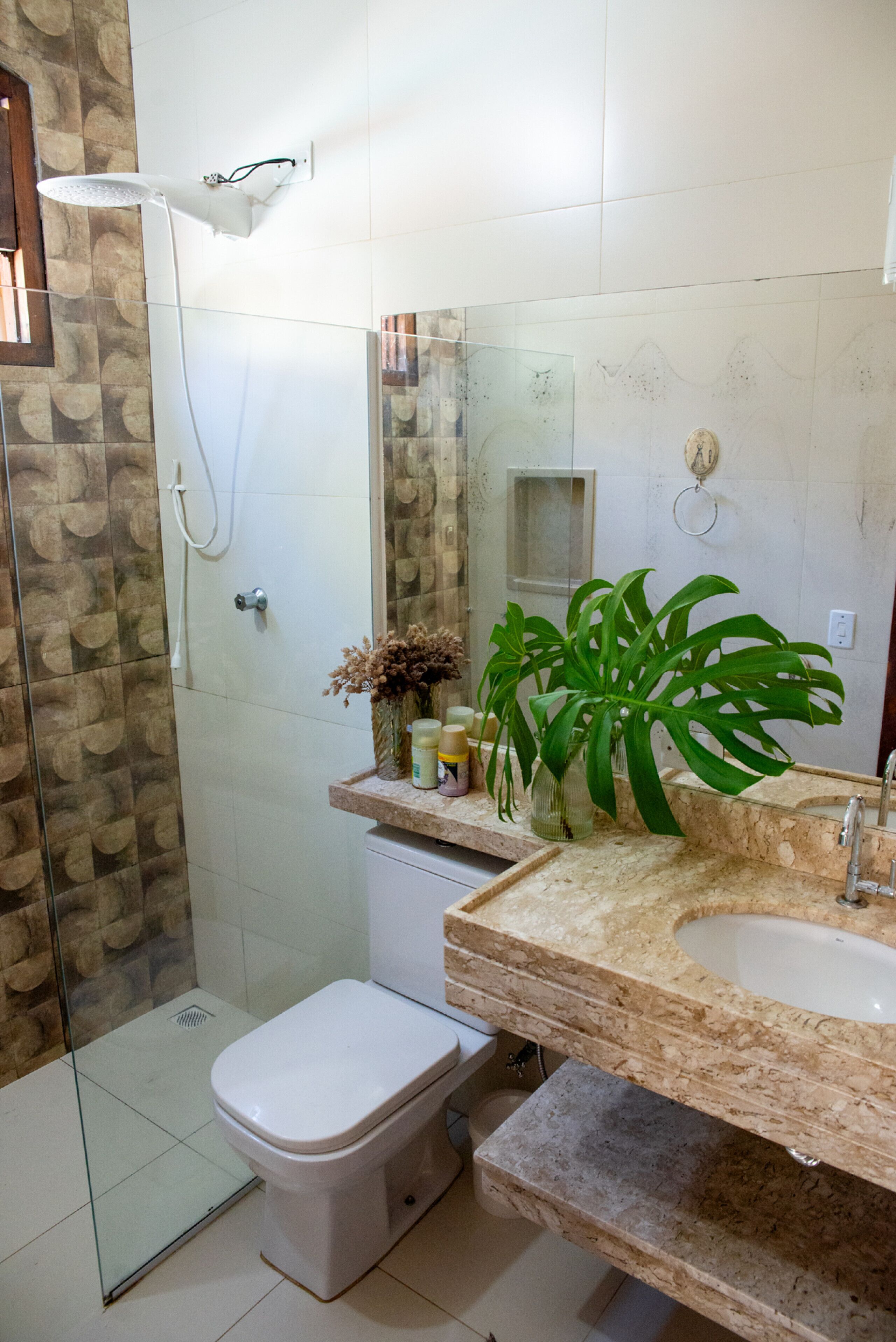 Un baño con cabina de ducha de vidrio, inodoro, lavabo con un espejo grande y una planta en el mostrador.