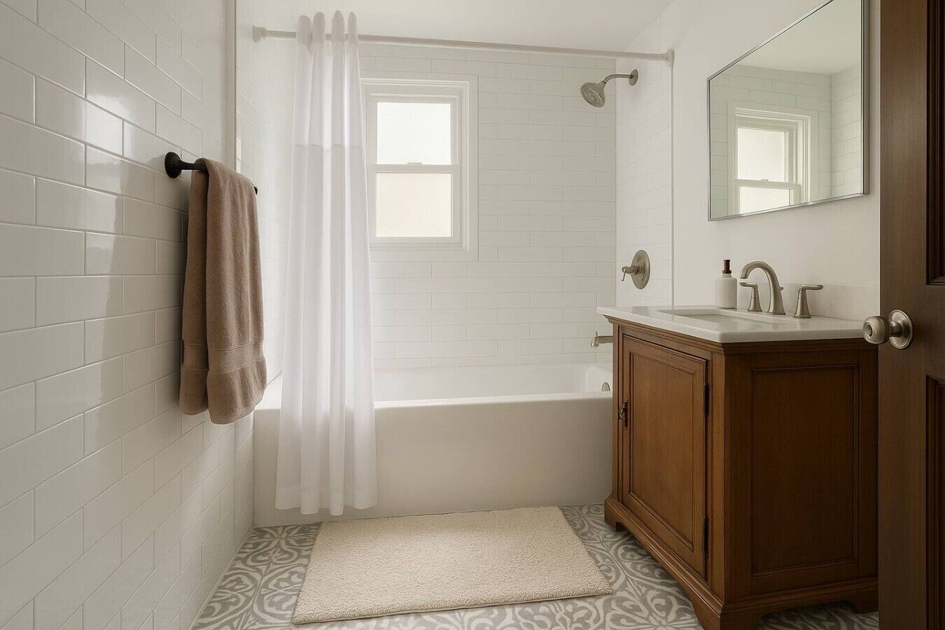 Un baño con bañera, ducha, lavabo con espejo y una toalla colgada en un perchero.