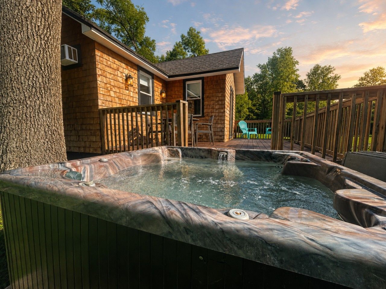 Cottage hot tub in gentle sunset light