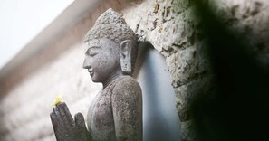 A stone Buddha statue with a hand raised, positioned against a rough stone wall.