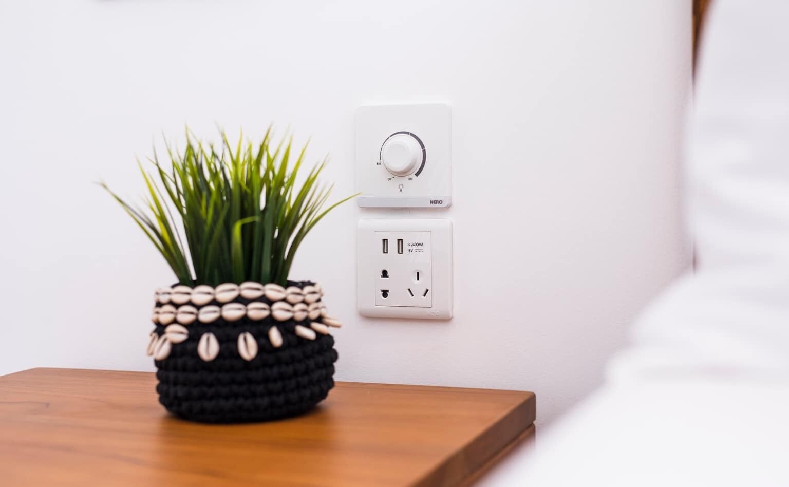A potted plant with coffee beans on a wooden table next to a wall-mounted switchboard with a thermostat and electrical outlets.