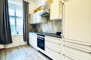 Fridge, oven, stovetop, electric kettle
