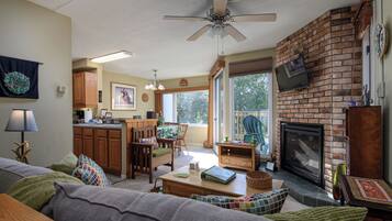 Smart TV, chimenea y libros