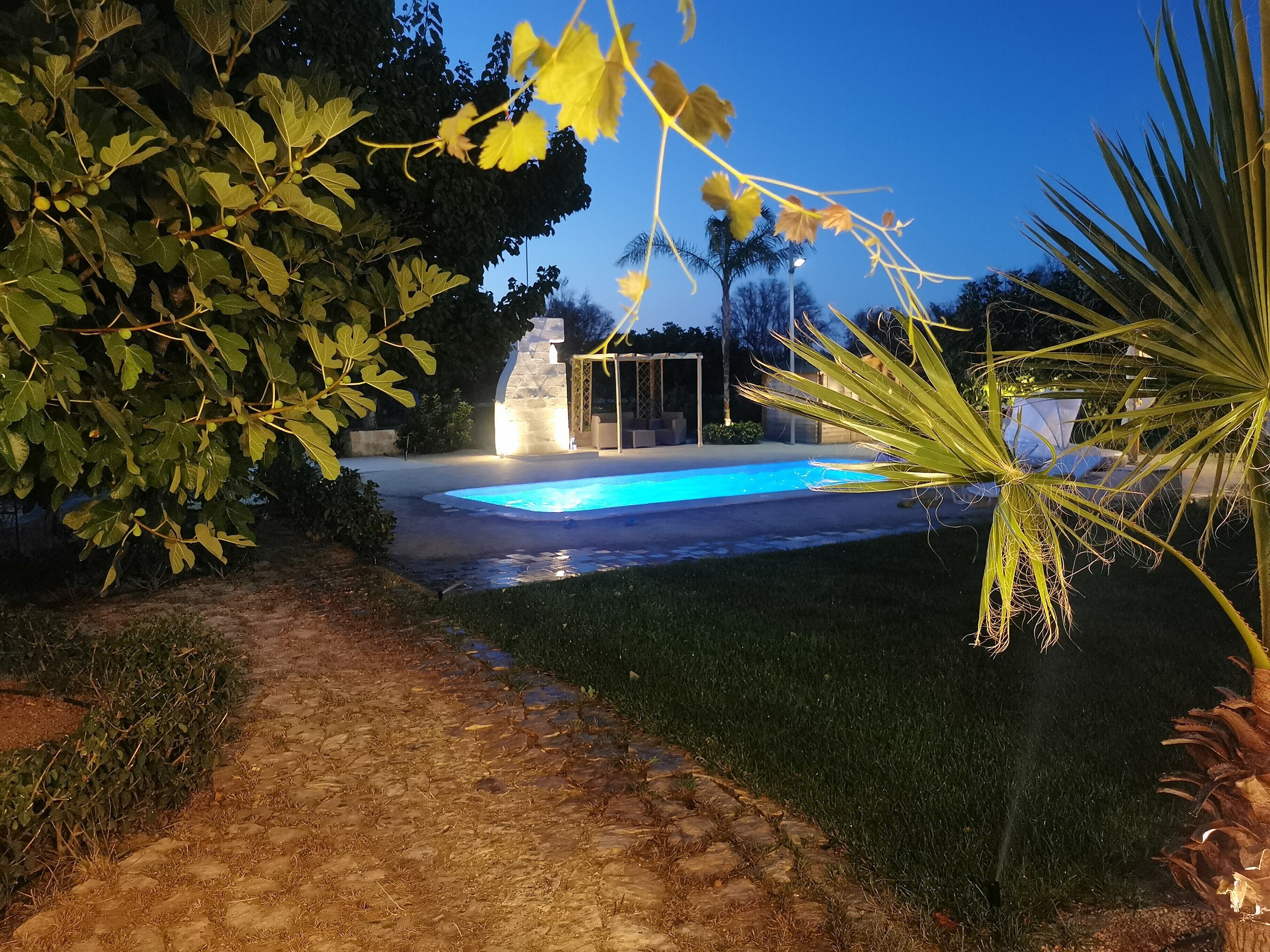 Una piscina con un camino de piedra que la conduce, rodeada de follaje y un pabellón.