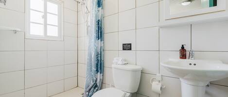 A bathroom with a shower, toilet, and sink.