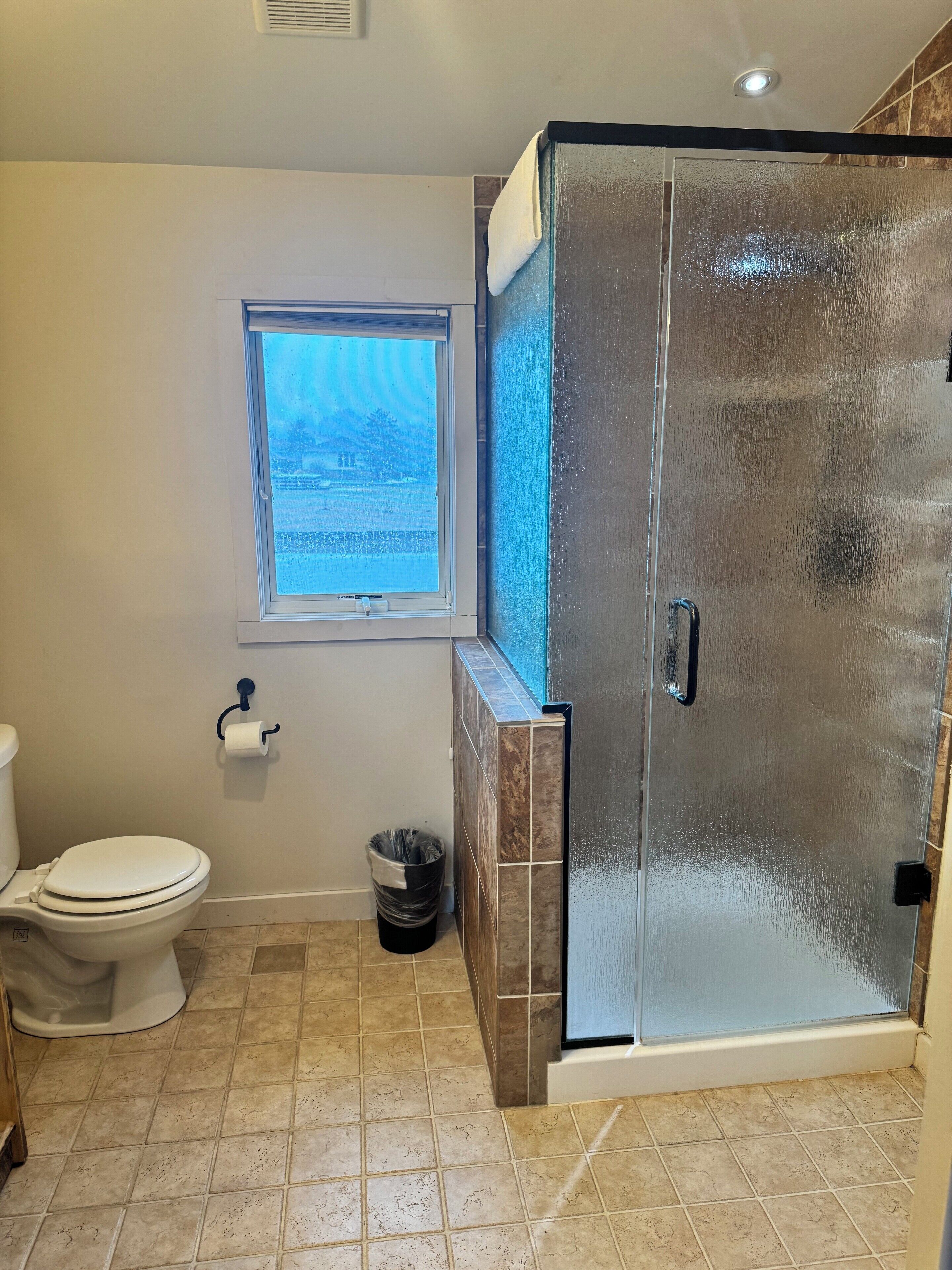 A bathroom with a toilet, a window, a shower enclosure, and a trash can.