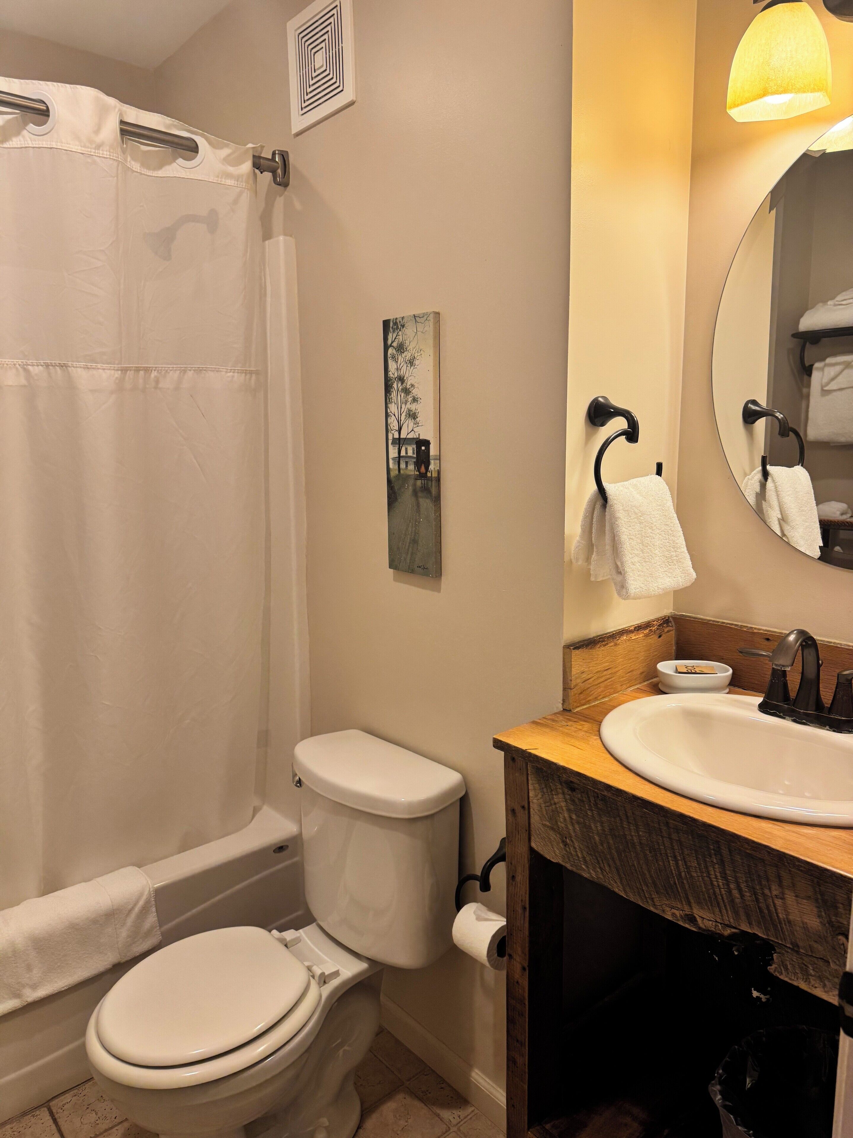 A bathroom with a toilet, sink, and shower curtain.