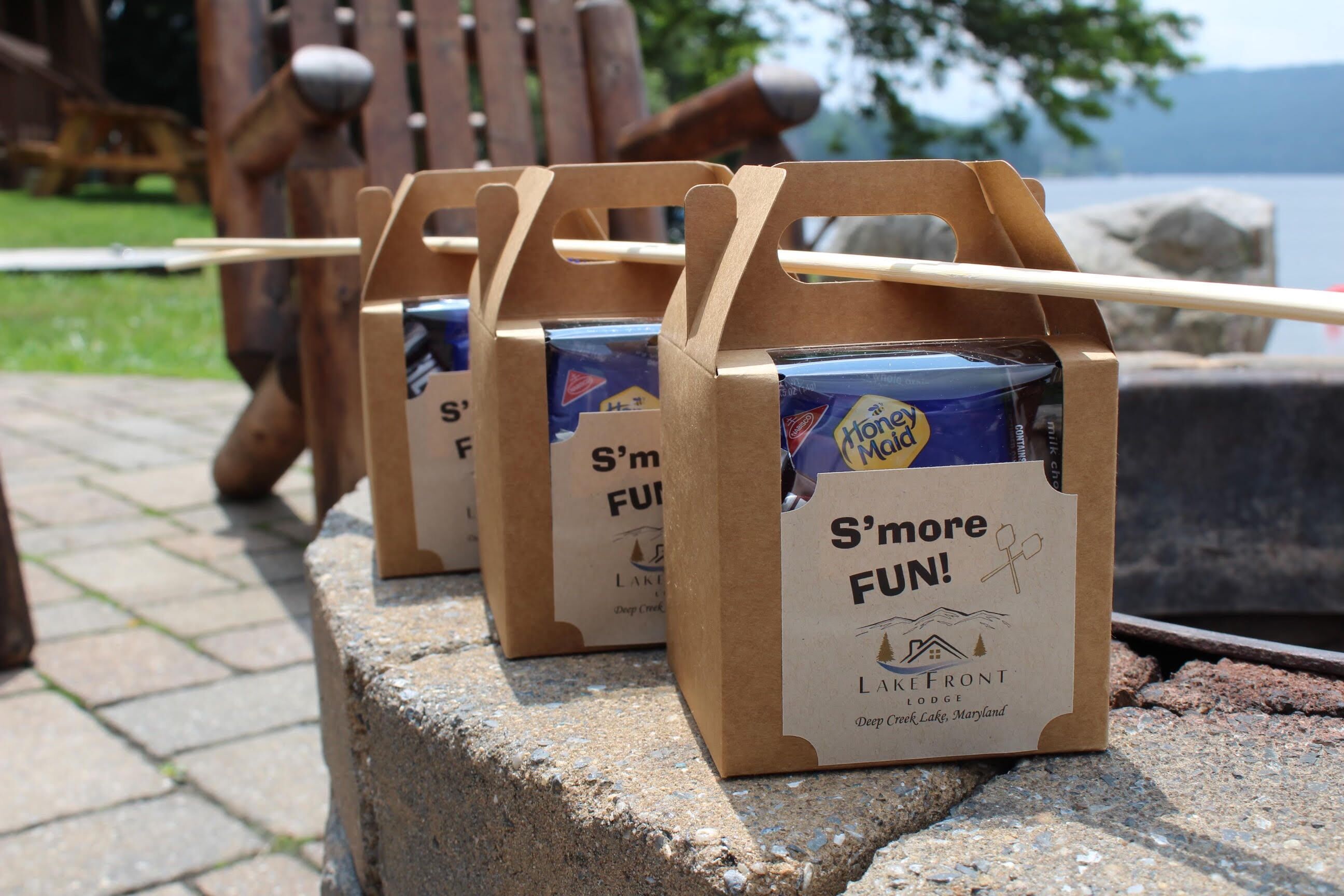 Three cardboard boxes with handles labeled "S'more FUN!" placed on a stone ledge.