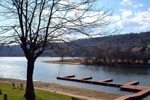 A lakeside view with a dock extending into the water, a tree in the foreground, and a distant shoreline with buildings.