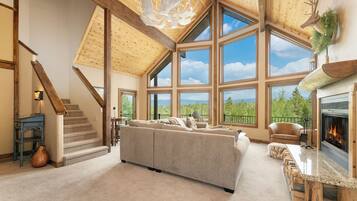 TV, fireplace, books