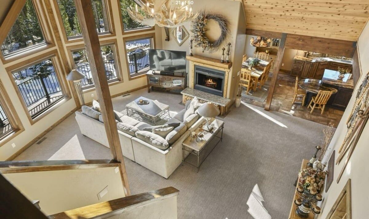 TV, fireplace, books