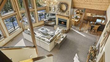 TV, fireplace, books