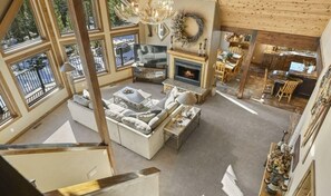 TV, fireplace, books