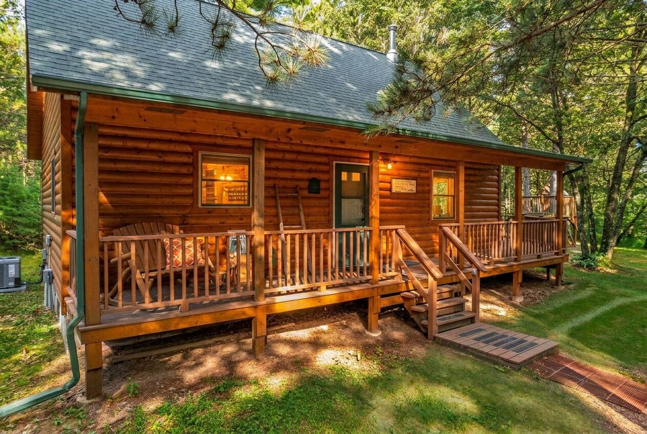 A log cabin with a porch, a chimney, and a small deck.
