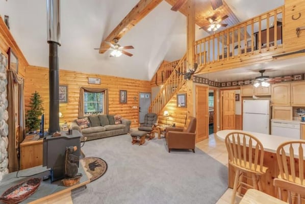 Smart TV, fireplace, video games, DVD player