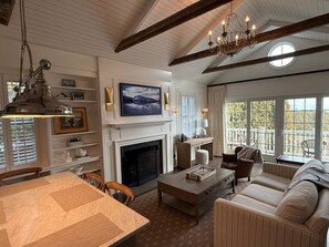 TV connectée, cheminée, médiathèque, chaîne hi-fi