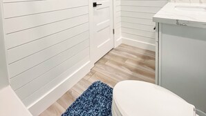 A bathroom with a white vanity, a blue accent wall, and a decorative fish wall art piece. - Charming 3-bedroom, pet friendly, house in Crystal Beach. (Bolivar Peninsula)