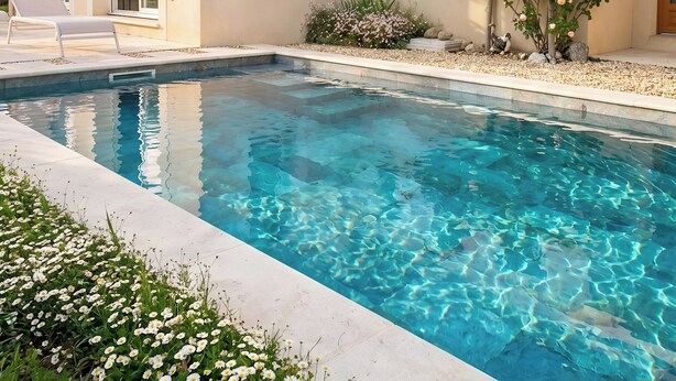 A swimming pool with clear water, a patio with lounge chairs, and a building with a tiled roof.