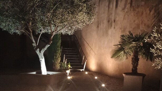 A pathway with lights leading to a staircase, surrounded by potted plants and a tree. - L'Isle Contemporaine - Spacious 74 M2 Clim Parking Downtown 2 bedrooms (L'Isle-sur-la-Sorgue)