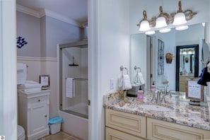 Hair dryer, towels, soap, toilet paper