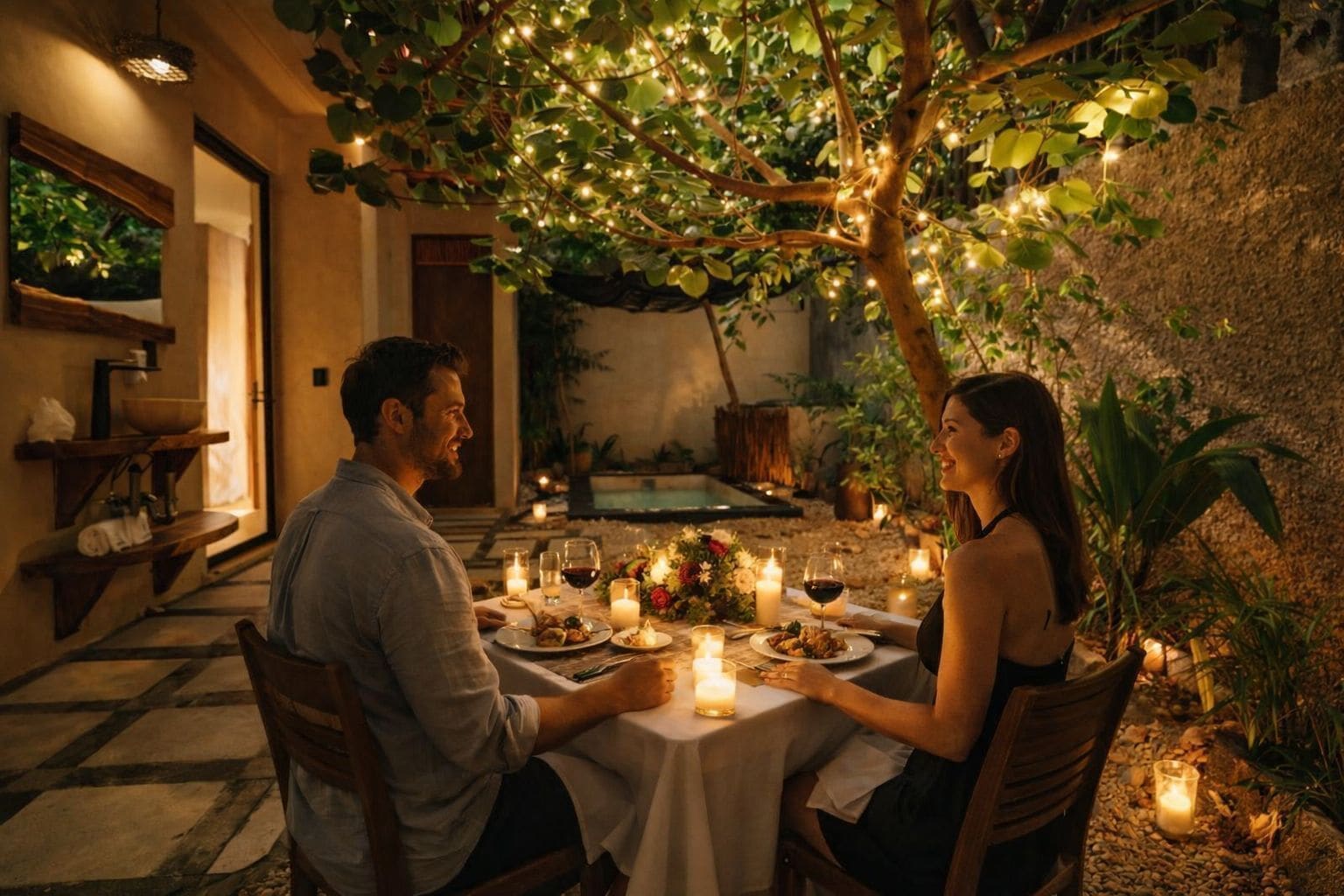 A couple dining under a tree with string lights, surrounded by candles and a pool in the background.