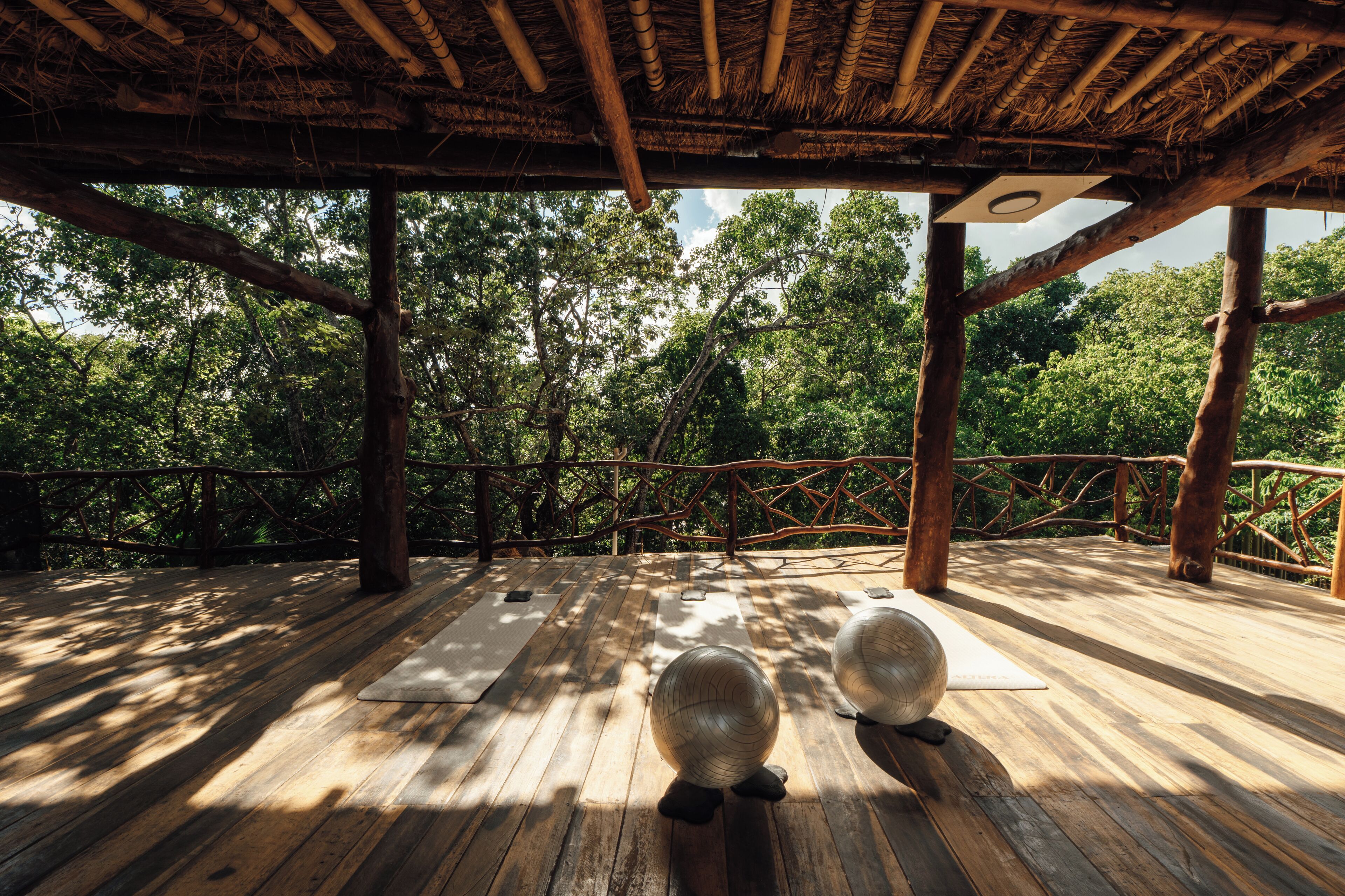 An outdoor wooden deck with exercise mats and yoga balls, surrounded by trees and a bamboo roof structure.