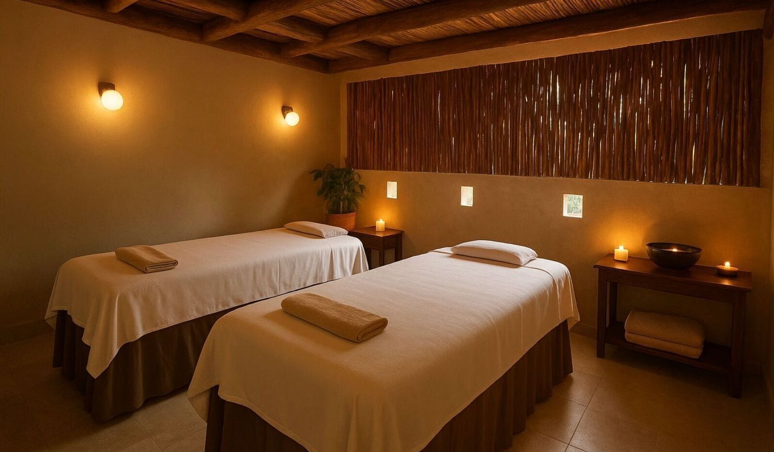 Two single beds with white linens and towels, a wooden bench, a small table with a bowl, and wall-mounted lights.