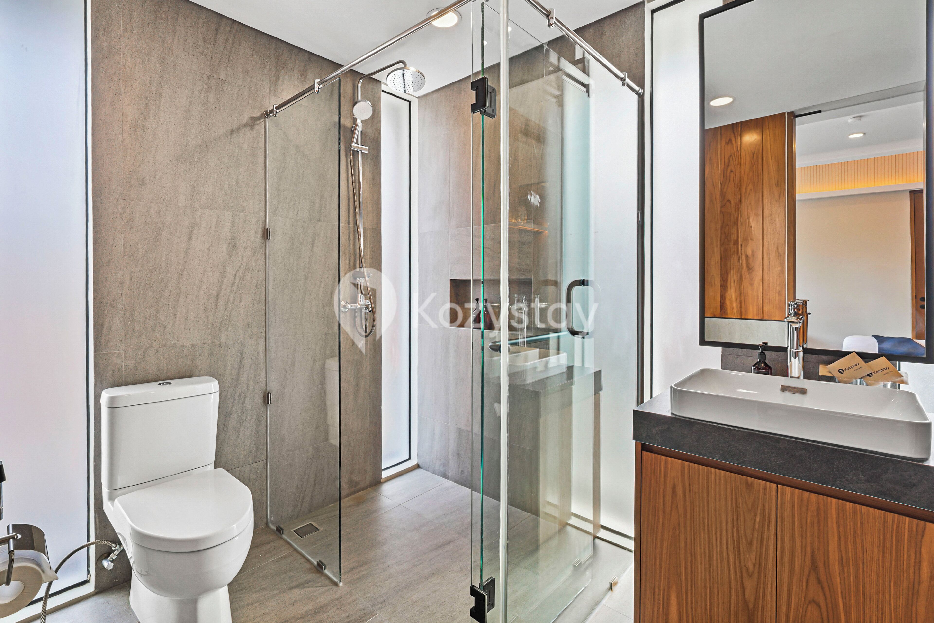 A modern bathroom with a glass-enclosed shower, a white toilet, and a wooden vanity with a mirror.