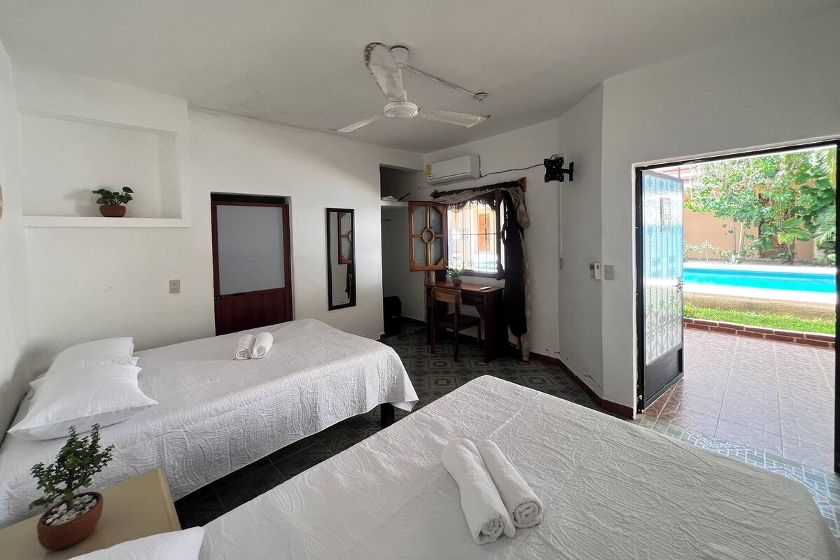 A hotel room with two beds, a desk, a chair, a small potted plant, and a view of a swimming pool.