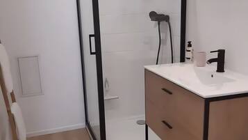 Shower, hair dryer, towels