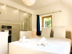 Regadera, secadora de cabello, toallas, jabón 